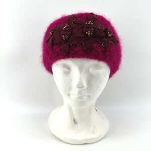 French Knot Womens Warm Headband Wool Blend Lined Beaded Floral Made in Nepal